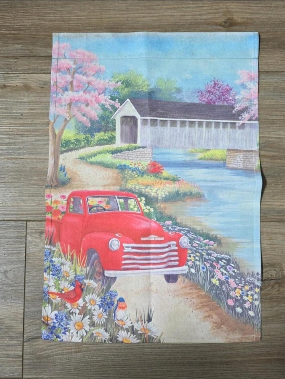 Outdoor Garden House Flag Spring Covered Bridge Flowers Truck Birds 18 x 12
